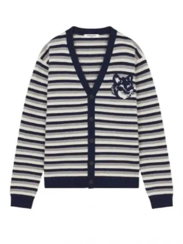 Fox Head Intarsia Striped Comfort Cardigan Navy White - MAISON KITSUNE - BALAAN 2