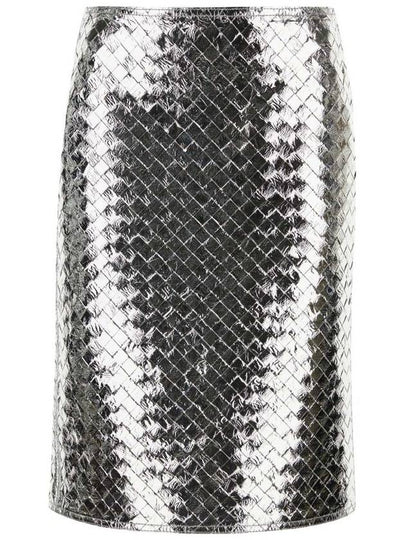 Women's Interciato Laminated Leather Midi H-Line Skirt Silver - BOTTEGA VENETA - BALAAN 2