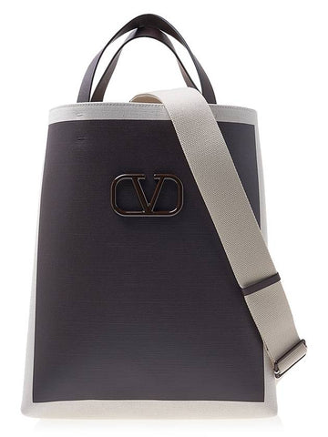 V Logo Canvas Shopper Tote Bag Natural Brown - VALENTINO - BALAAN.