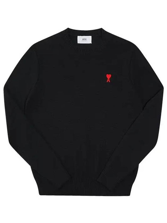 Heart Embroidered Logo Crew Neck Knit Top Black - AMI - BALAAN 2