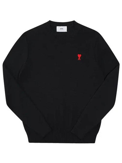 Heart Embroidered Logo Crew Neck Knit Top Black - AMI - BALAAN 2