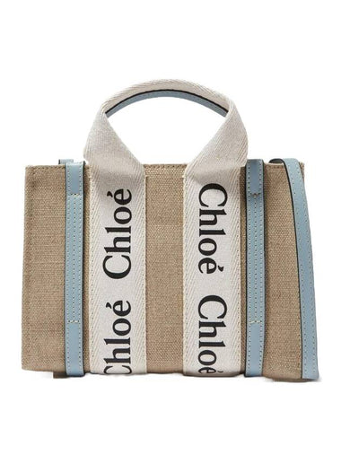 Woody Linen Canvas Calfskin Tote Bag White Blue - CHLOE - BALAAN 1