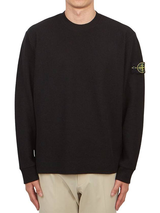 Compass Badge Crew Neck Ribbed Cotton Knit Top Black - STONE ISLAND - BALAAN 2