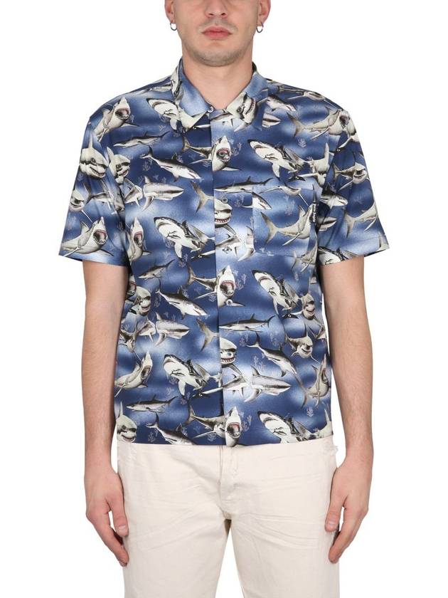 Shark Print Short Sleeve Shirt Blue - PALM ANGELS - BALAAN 2