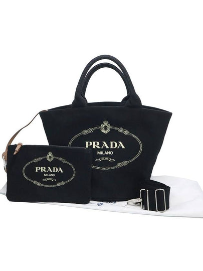 Prada 1BG163 Black Canapa Canvas Milan Logo Tote 2WAY - PRADA - BALAAN 2