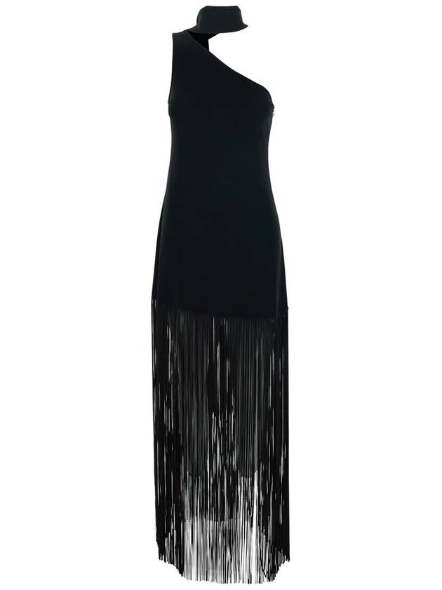 'Atlanta' Black Long Dress With Asymmetric Neck And Fringed Detail In Viscose Blend Stretch Woman - TALLER MARMO - BALAAN 1