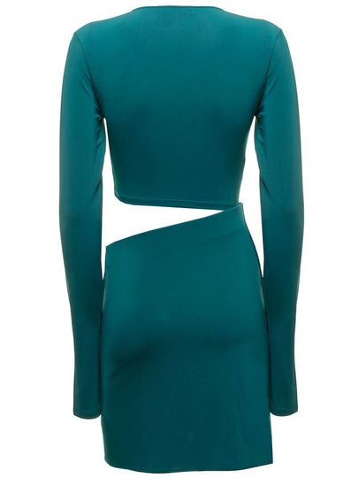 Teal Blue Minidress In Stretch Jersey With Asymmetrical Cut Out Details The Andamane Woman - ANDAMANE - BALAAN 2