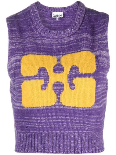 Logo Graphic Cropped Wool Vest Purple - GANNI - BALAAN 1