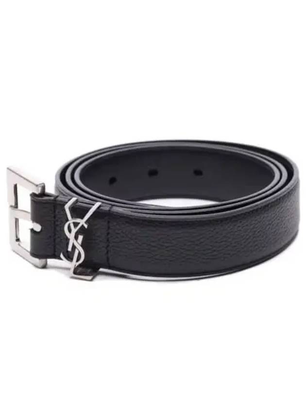 Grained Leather Silver Monogram Belt Black - SAINT LAURENT - BALAAN 2