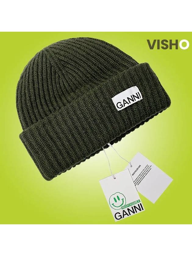 Logo Patch Knit Beanie Green - GANNI - BALAAN 8