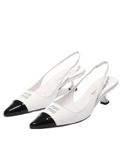 Logo Patent Leather Slingback Heels White Black - MIU MIU - BALAAN 2