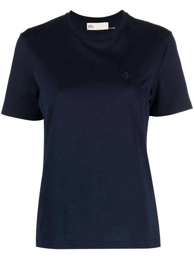 Embroidered Logo Cotton Short Sleeve T-Shirt Navy - TORY BURCH - BALAAN 2