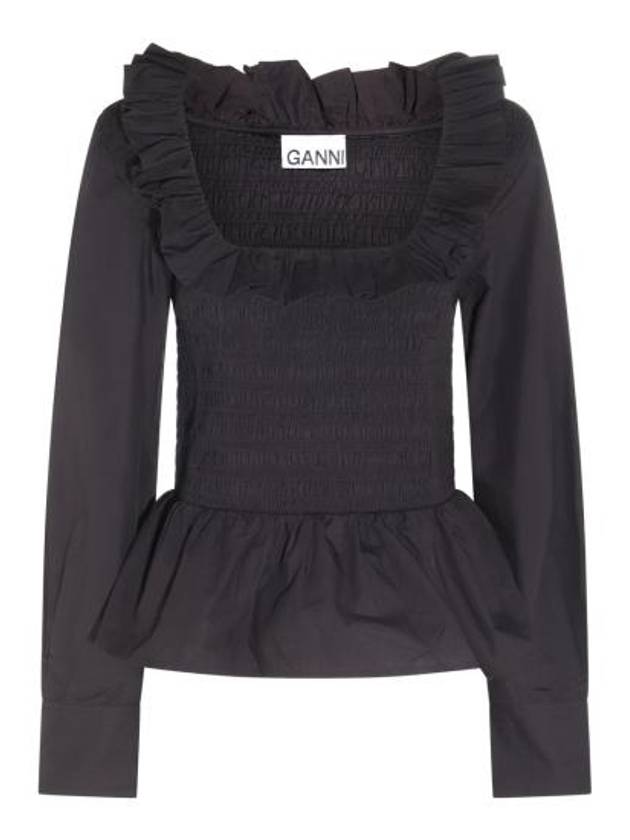 Poplin Ruffled Smoked Cotton Blouse Black - GANNI - BALAAN 3