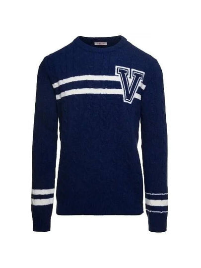 V Logo Virgin Wool Knit Top Navy - VALENTINO - BALAAN 2