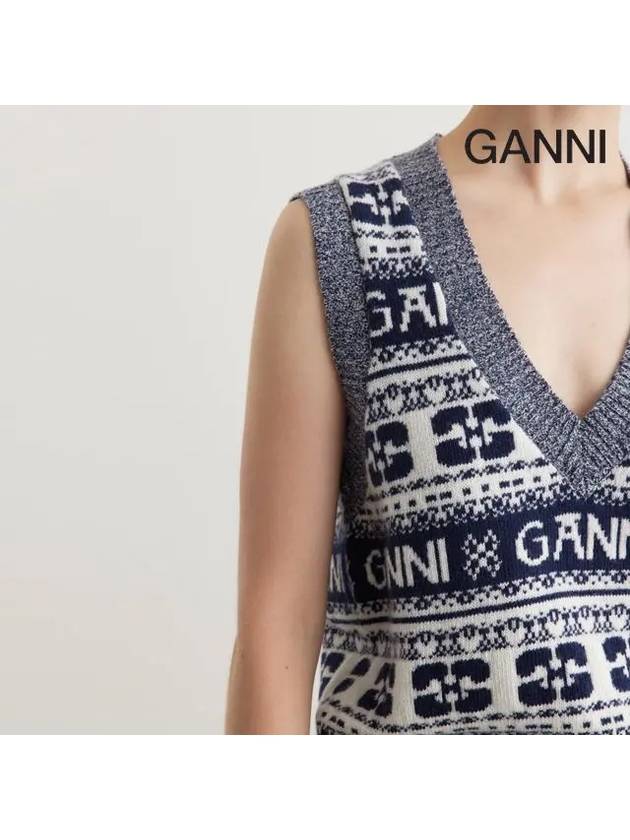 Logo Wool Mix Vest Knit Top Sky Captain - GANNI - BALAAN 8