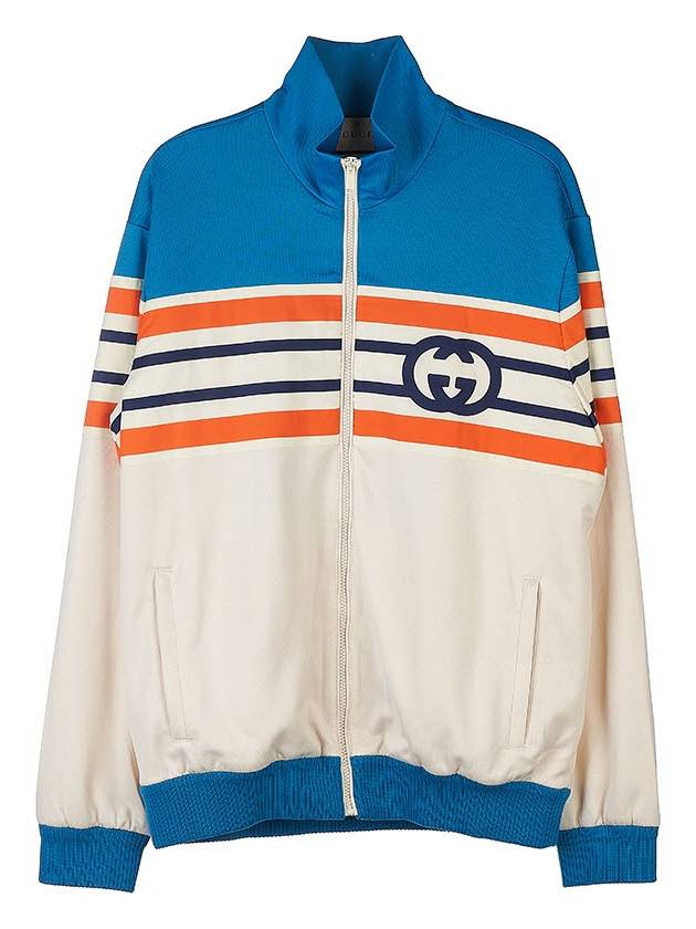 Men's Interlocking G Stripe Zip-Up Jacket Light Blue Ivory - GUCCI - BALAAN 11