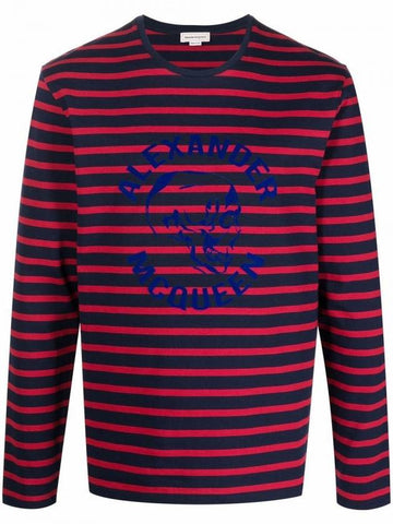 Striped Skull Flock Logo Long Sleeve T-Shirt Red - ALEXANDER MCQUEEN - BALAAN 1