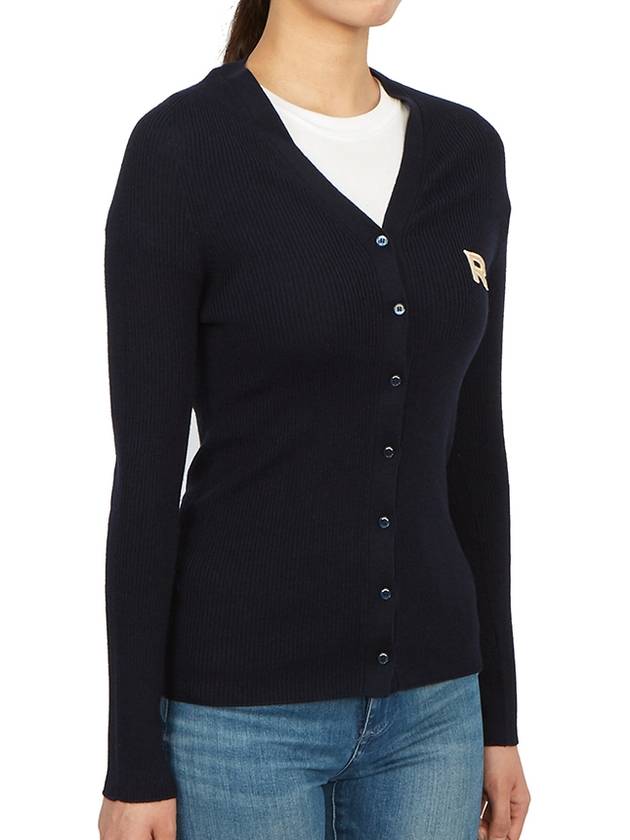 Embroidered logo V neck virgin wool cardigan blue - ROCHAS - BALAAN 6