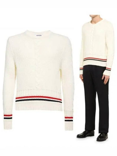 Men's Cable Stitch Merino Striped Wool Knit Top White - THOM BROWNE - BALAAN 2