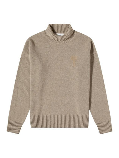 Logo Embroid Knit Turtleneck Beige - AMI - BALAAN 1