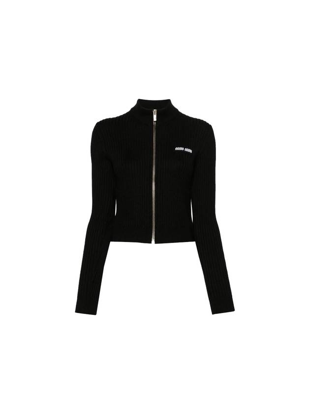 Logo Patch Rib High Neck Zip-Up Wool Cardigan Black - MIU MIU - BALAAN 2