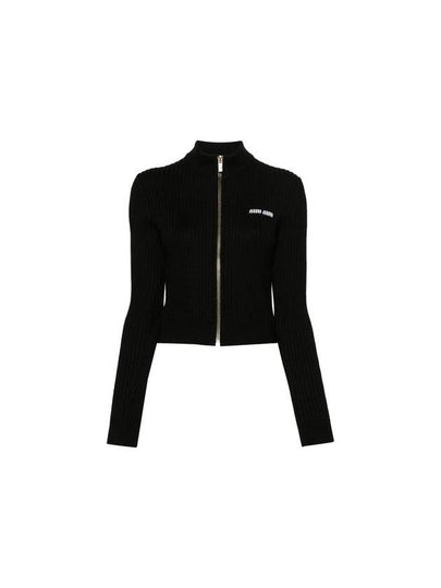 Logo Patch Rib High Neck Zip-Up Wool Cardigan Black - MIU MIU - BALAAN 2