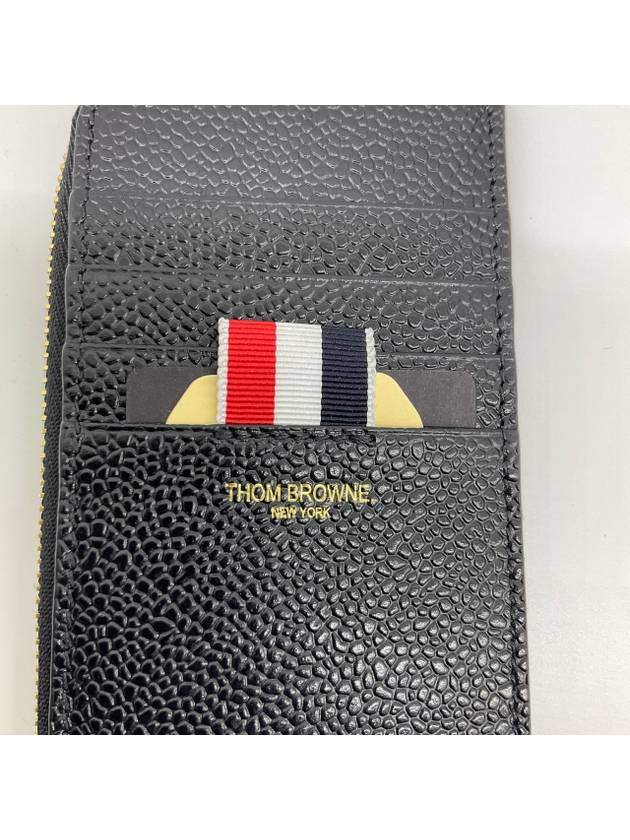 Stripe Zip Around Pebble Grain Leather Card Wallet Black - THOM BROWNE - BALAAN 4