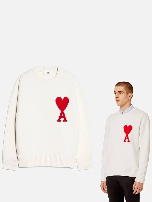 Big Heart Logo Oversized Intarsia Knit Top White - AMI - BALAAN 2