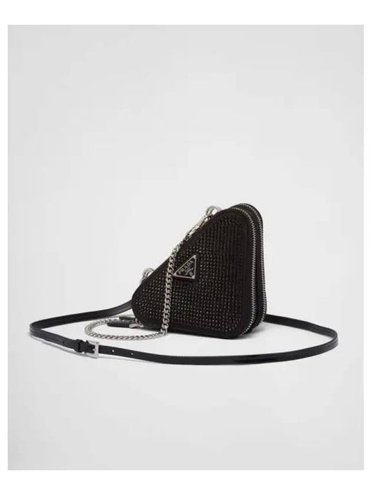 Crystal Triangular Embellished Satin Leather Mini Pouch Black - PRADA - BALAAN 2