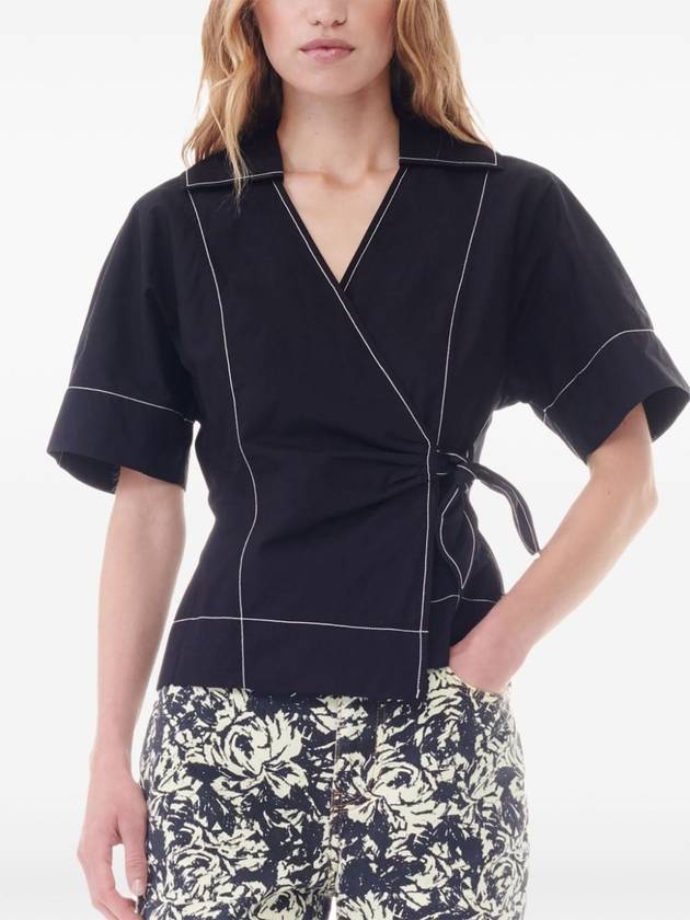 Poplin Wrap Contrast Stitching Cotton Blouse Black - GANNI - BALAAN 5