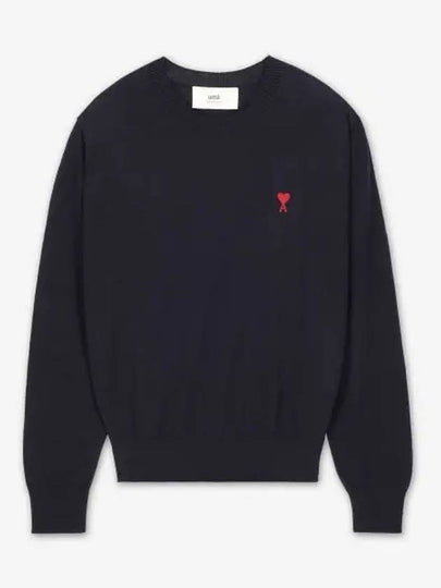 Heart Embroidered Logo Crew Neck Knit Top Navy - AMI - BALAAN 2