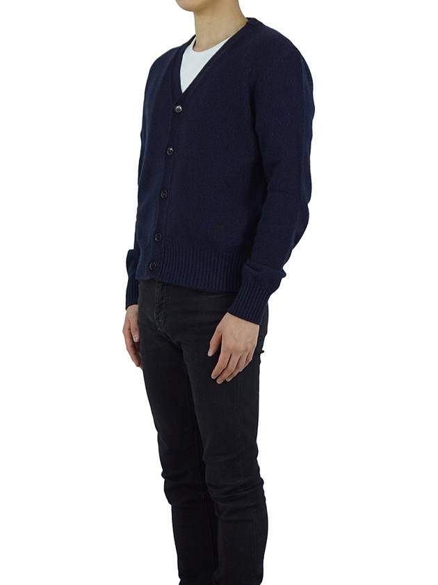 Heart Logo V Neck Cashmere Cardigan Navy - AMI - BALAAN 4