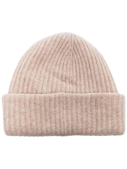 Logo Patch Recycled Wool Blend Ribbed Knit Beanie Beige - GANNI - BALAAN 2