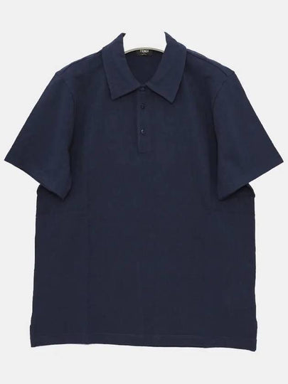 Men's Button Detail Short Sleeve Jacquard Polo Shirt Navy - FENDI - BALAAN 2