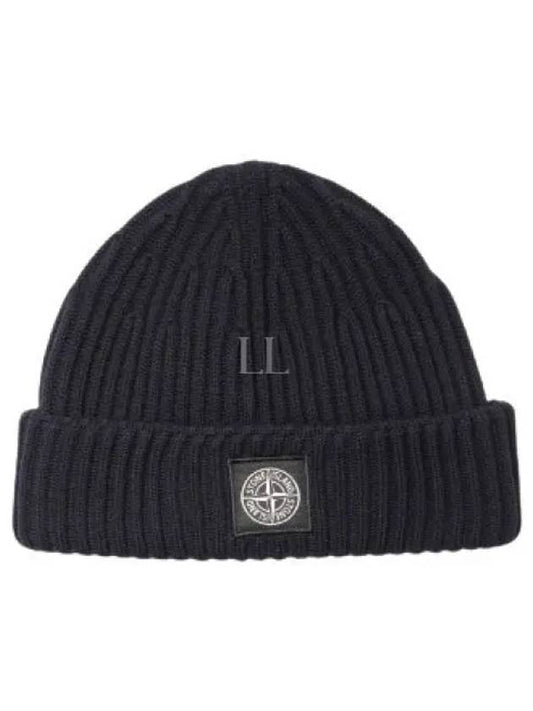 Logo Patch Wool Beanie Navy - STONE ISLAND - BALAAN 2