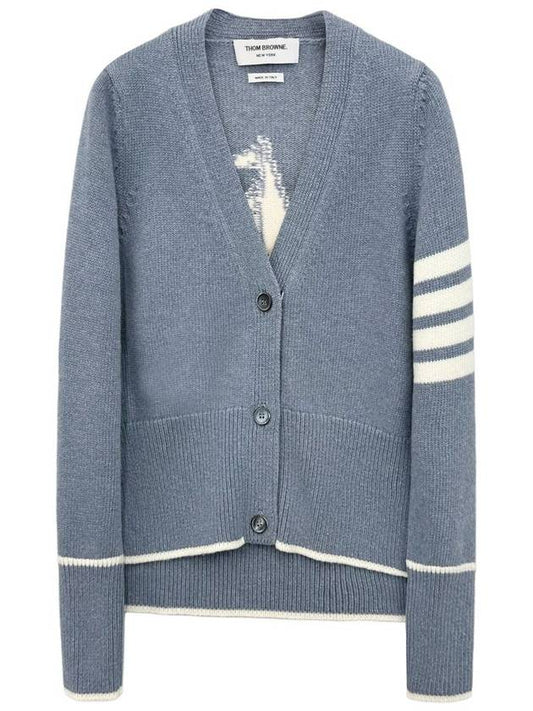 Women's Fine Merino Jersey Sailboat 4 Bar Boxy V Neck Cardigan Dark Blue - THOM BROWNE - BALAAN 2