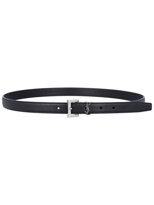 Men's Monogram Silver Buckle Leather Belt Black - SAINT LAURENT - BALAAN 3