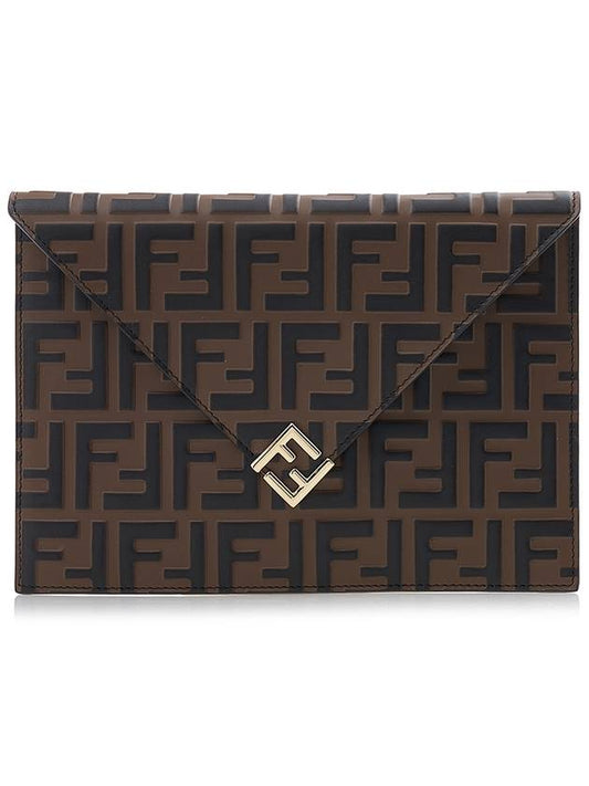 FF Diamond Flat Leather Pouch Bag Brown - FENDI - 2