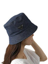 Triangle Logo Denim Cotton Bucket Hat Navy - PRADA - BALAAN 7