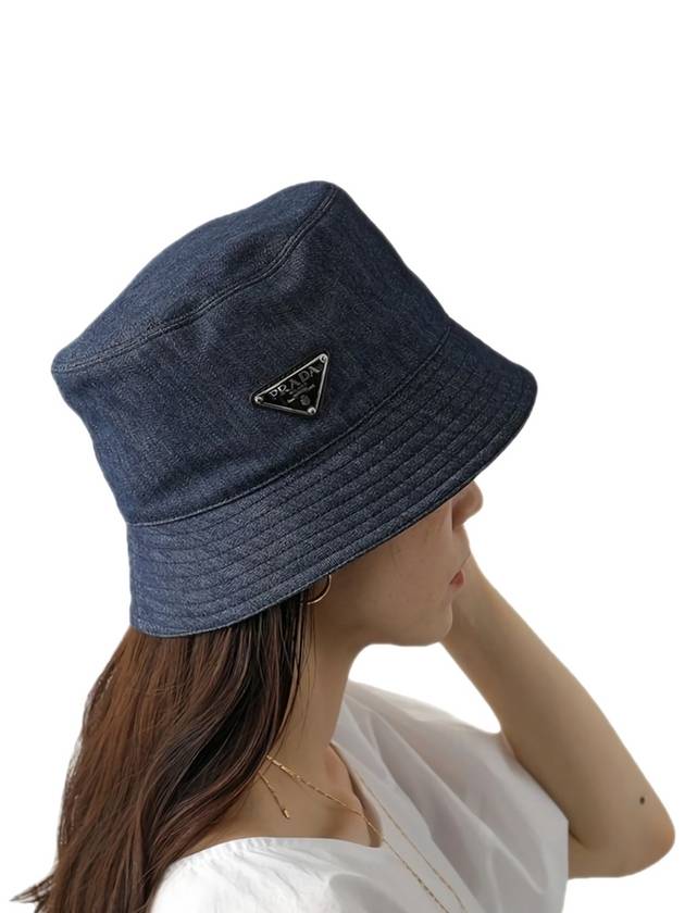 Triangle Logo Denim Cotton Bucket Hat Navy - PRADA - BALAAN.