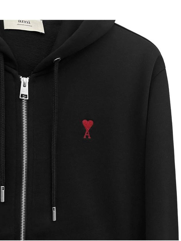 Heart Logo Drawstring Cotton Zip-Up Hoodie Black - AMI - BALAAN 4