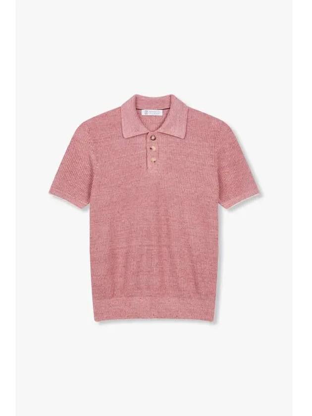 Men s Ribbed Cotton Linen Polo Knit Dark Pink - BRUNELLO CUCINELLI - BALAAN 1