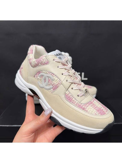 CC Logo Cotton Tweed Suede Calfskin Low Top Sneakers Pink Ecru - CHANEL - BALAAN 2