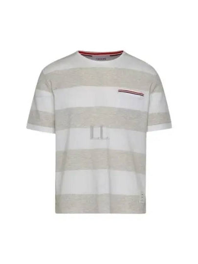 Men's Rugby Striped Pick Pocket Short Sleeve T-Shirt Pale Grey White - THOM BROWNE - BALAAN 2