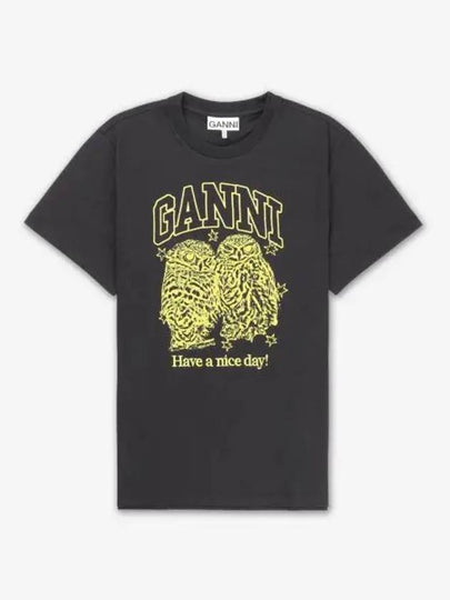 Owls Print Cotton Short Sleeve T-Shirt Black - GANNI - BALAAN 2