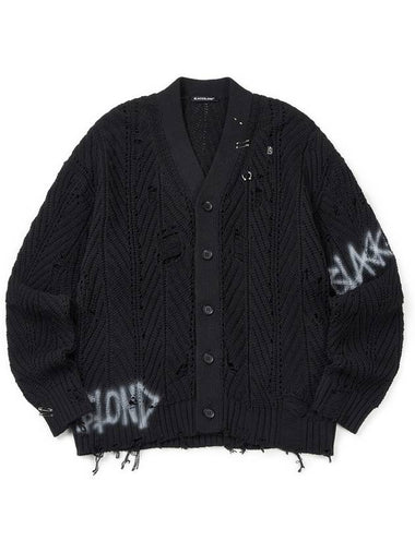 BBD Graffiti Logo Ripped Piercing Knit Cardigan Black - BLACKBLOND - BALAAN 1