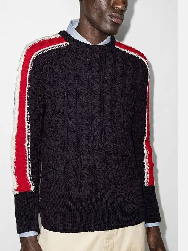 Men's Three Stripes Merino Wool Cable Knit Top Navy - THOM BROWNE - BALAAN 4