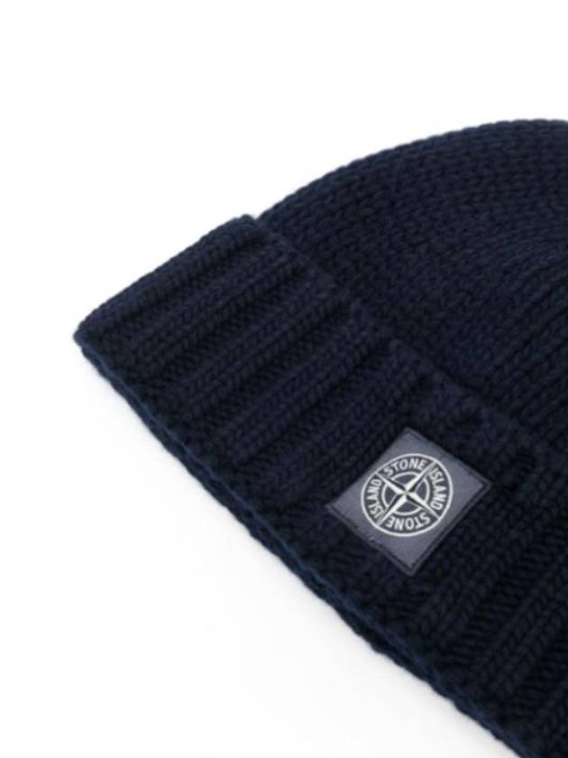 Logo Patch Wool Beanie Navy - STONE ISLAND - BALAAN 4