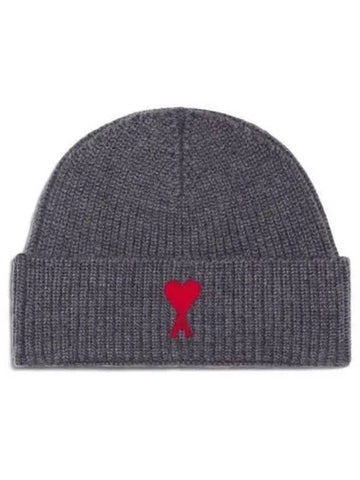 Heart embroidered wool beanie gray red hat 271475 - AMI - BALAAN 1