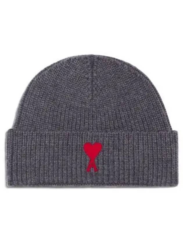 Heart embroidered wool beanie gray red hat 271475 - AMI - BALAAN 1